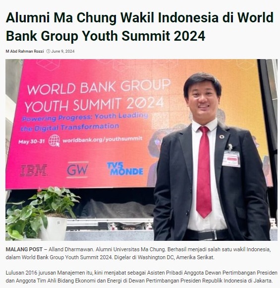 Alumni Universitas Ma Chung Wakili Indonesia di Ajang ‘World Bank Group Youth Summit 2024’